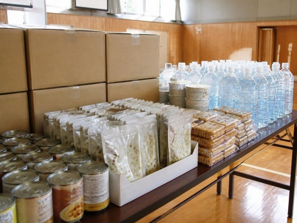 避難所に届いた支援物資。缶詰やアルファ米、飲料水が机に並んでいる（イメージ）